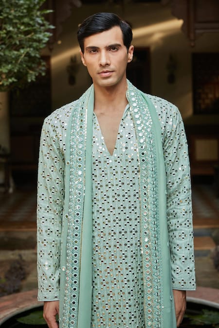 Buy Bohame Mint Georgette, Rayon, Net Mirrors, Sequins Embroidered Green Kurta Set Online at Aza Fashions Buy_Bohame_Mint Georgette, Rayon, Net Mirrors, Sequins Embroidered Green Kurta Set_Online_at_Aza_Fashions