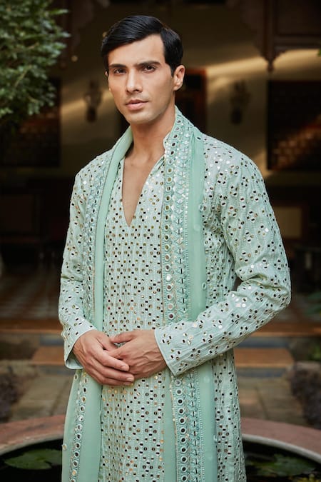 Bohame Mint Georgette, Rayon, Net Mirrors, Sequins Embroidered Green Kurta Set at Aza Fashions Bohame_Mint Georgette, Rayon, Net Mirrors, Sequins Embroidered Green Kurta Set_at_Aza_Fashions