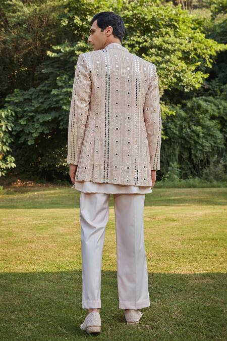 Shop Bohame Peach Georgette, Cotton Satin Mirrors, Mirrorwork Embroidered Jacket Set at Aza Fashions Shop_Bohame_Peach Georgette, Cotton Satin Mirrors, Mirrorwork Embroidered Jacket Set_at_Aza_Fashions