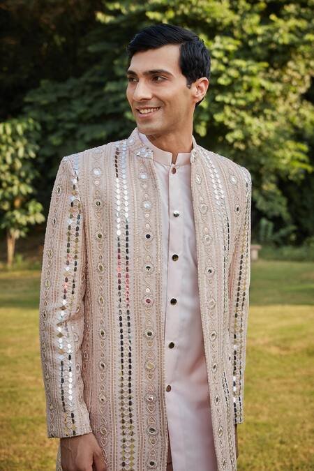 Bohame Peach Georgette, Cotton Satin Mirrors, Mirrorwork Embroidered Jacket Set Online at Aza Fashions Bohame_Peach Georgette, Cotton Satin Mirrors, Mirrorwork Embroidered Jacket Set_Online_at_Aza_Fashions