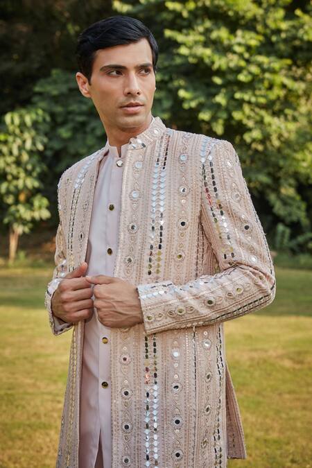 Buy Bohame Peach Georgette, Cotton Satin Mirrors, Mirrorwork Embroidered Jacket Set Online at Aza Fashions Buy_Bohame_Peach Georgette, Cotton Satin Mirrors, Mirrorwork Embroidered Jacket Set_Online_at_Aza_Fashions