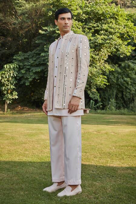 Bohame Peach Georgette, Cotton Satin Mirrors, Mirrorwork Embroidered Jacket Set at Aza Fashions Bohame_Peach Georgette, Cotton Satin Mirrors, Mirrorwork Embroidered Jacket Set_at_Aza_Fashions