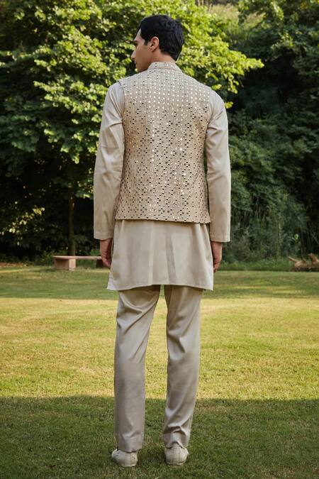 Shop Bohame Beige Georgette, Cotton Satin Mirrors, Mirrorwork Embroidered Bundi Kurta Set at Aza Fashions Shop_Bohame_Beige Georgette, Cotton Satin Mirrors, Mirrorwork Embroidered Bundi Kurta Set_at_Aza_Fashions