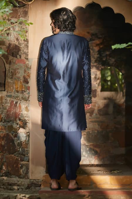 Shop Bohame Blue Chanderi, Rayon Sequins, Beads Navy Embroidered Kurta Set at Aza Fashions Shop_Bohame_Blue Chanderi, Rayon Sequins, Beads Navy Embroidered Kurta Set_at_Aza_Fashions