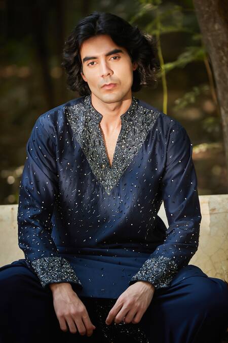 Buy Bohame Blue Chanderi, Rayon Sequins, Beads Navy Embroidered Kurta Set Online at Aza Fashions Buy_Bohame_Blue Chanderi, Rayon Sequins, Beads Navy Embroidered Kurta Set_Online_at_Aza_Fashions