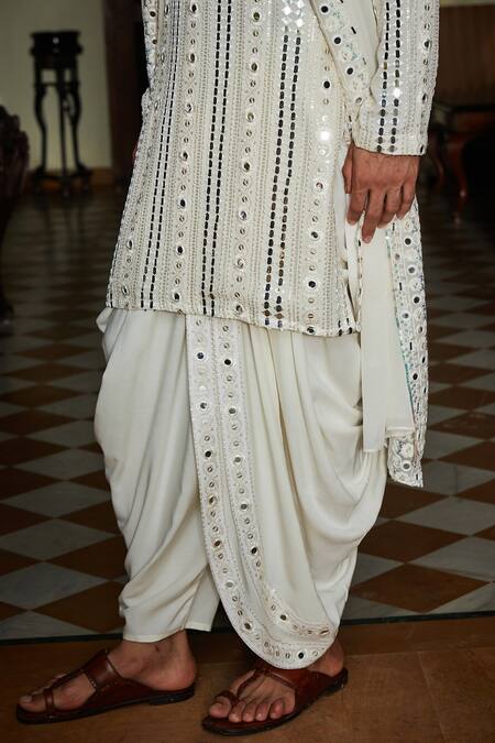 Bohame White Georgette, Rayon, Net Sequins, Mirrors Kurta Dhoti Pant Set Online at Aza Fashions Bohame_White Georgette, Rayon, Net Sequins, Mirrors Kurta Dhoti Pant Set_Online_at_Aza_Fashions