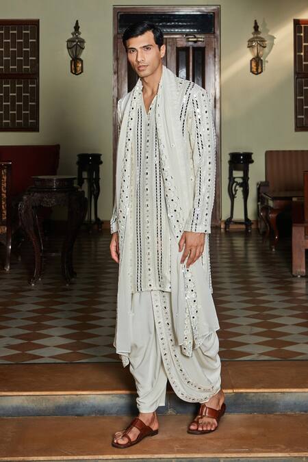 Buy Bohame White Georgette, Rayon, Net Sequins, Mirrors Kurta Dhoti Pant Set Online at Aza Fashions Buy_Bohame_White Georgette, Rayon, Net Sequins, Mirrors Kurta Dhoti Pant Set_Online_at_Aza_Fashions