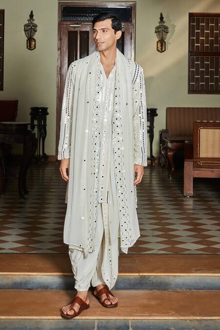 Bohame White Georgette, Rayon, Net Sequins, Mirrors Kurta Dhoti Pant Set at Aza Fashions Bohame_White Georgette, Rayon, Net Sequins, Mirrors Kurta Dhoti Pant Set_at_Aza_Fashions