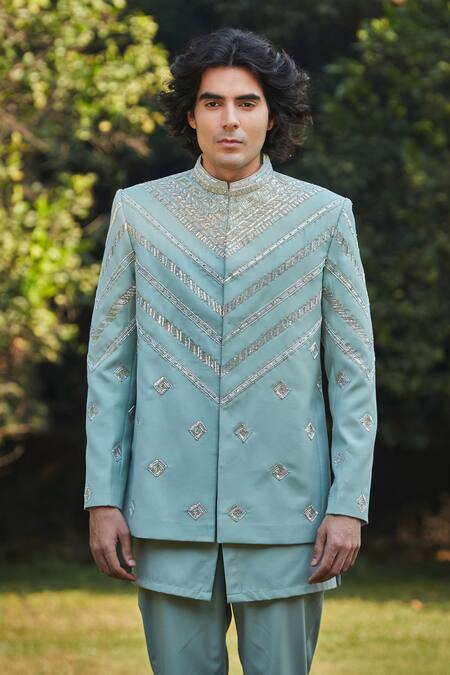 Bohame_Green Wool, Suede Sequins, Beads Mint Chevron Embroidered Bandhgala Set_Online_at_Aza_Fashions