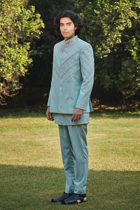 Buy_Bohame_Green Wool, Suede Sequins, Beads Mint Chevron Embroidered Bandhgala Set_Online_at_Aza_Fashions