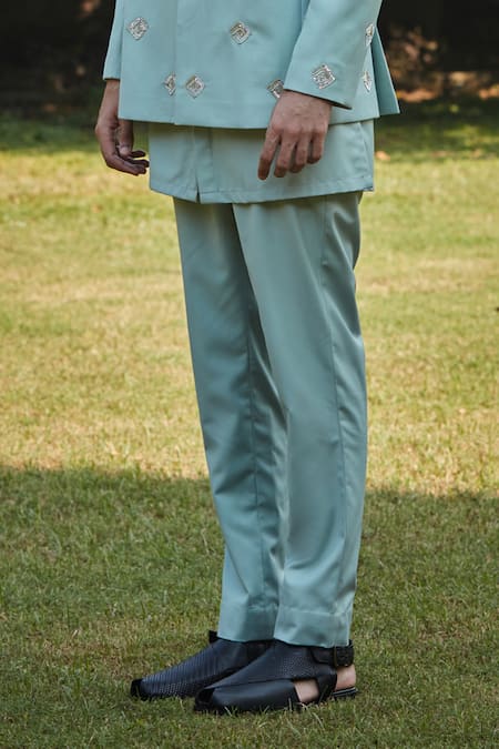 Shop_Bohame_Green Wool, Suede Sequins, Beads Mint Chevron Embroidered Bandhgala Set_Online_at_Aza_Fashions