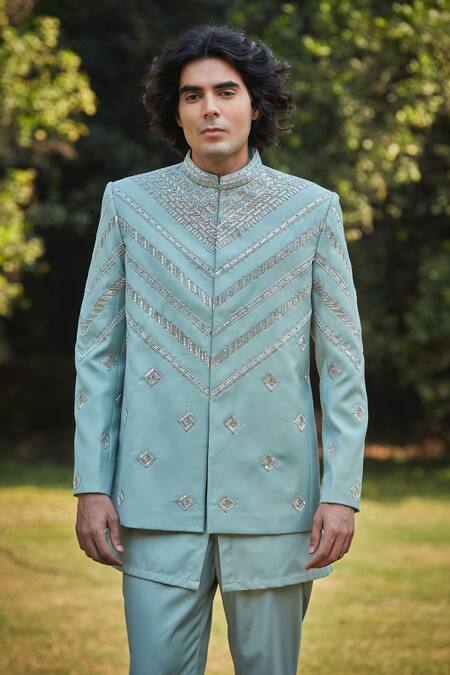 Bohame_Green Wool, Suede Sequins, Beads Mint Chevron Embroidered Bandhgala Set_at_Aza_Fashions