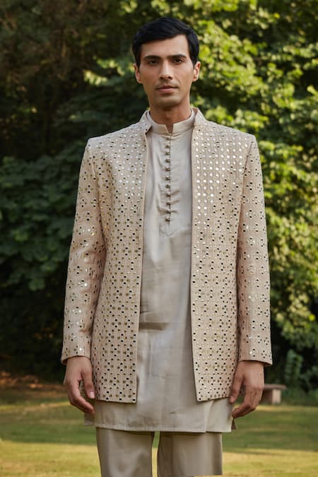 Bohame_Beige Georgette, Suede, Cotton Mirrors, Sequins, Mirrorwork Jacket Kurta Set_Online_at_Aza_Fashions