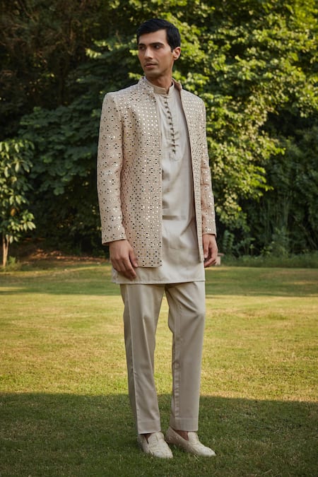 Buy_Bohame_Beige Georgette, Suede, Cotton Mirrors, Sequins, Mirrorwork Jacket Kurta Set_Online_at_Aza_Fashions