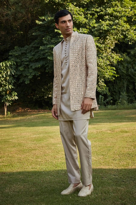 Shop_Bohame_Beige Georgette, Suede, Cotton Mirrors, Sequins, Mirrorwork Jacket Kurta Set_Online_at_Aza_Fashions