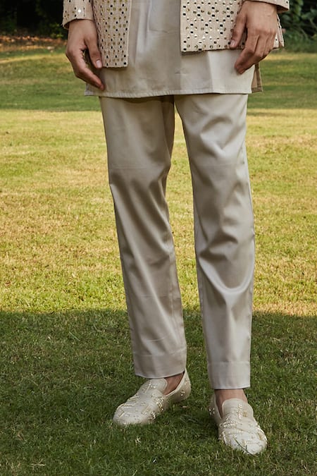 Bohame_Beige Georgette, Suede, Cotton Mirrors, Sequins, Mirrorwork Jacket Kurta Set_at_Aza_Fashions