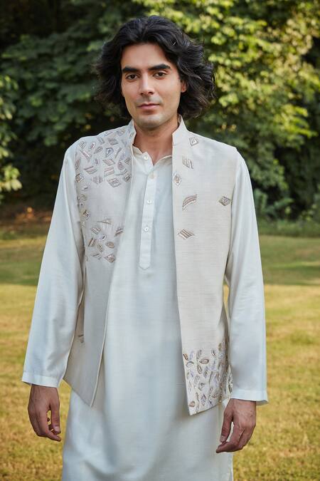 Bohame Green Silk, Tussar Sequins, Beads Mint Embroidered Bundi Kurta Set Online at Aza Fashions Bohame_Green Silk, Tussar Sequins, Beads Mint Embroidered Bundi Kurta Set_Online_at_Aza_Fashions