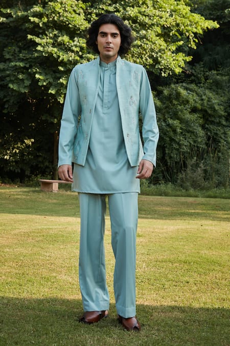 Shop Bohame Green Silk, Cotton Sequins, Beads Mint Embroidered Bundi Kurta Set Online at Aza Fashions Shop_Bohame_Green Silk, Cotton Sequins, Beads Mint Embroidered Bundi Kurta Set_Online_at_Aza_Fashions