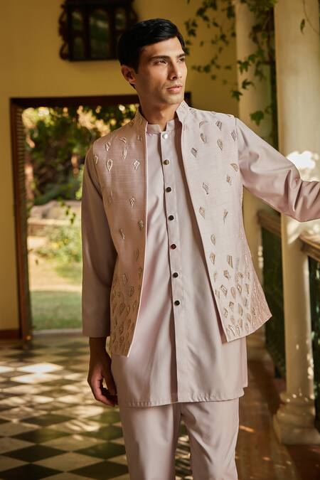 Bohame Pink Silk, Suede, Cotton Sequins, Beads Geometric Embroidered Bundi Kurta Set Online at Aza Fashions Bohame_Pink Silk, Suede, Cotton Sequins, Beads Geometric Embroidered Bundi Kurta Set_Online_at_Aza_Fashions