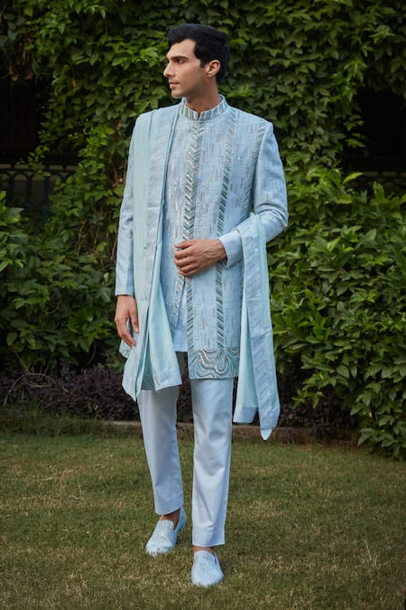 Bohame Lumiere Geometric Bead Embroidered Sherwani Pant Set 