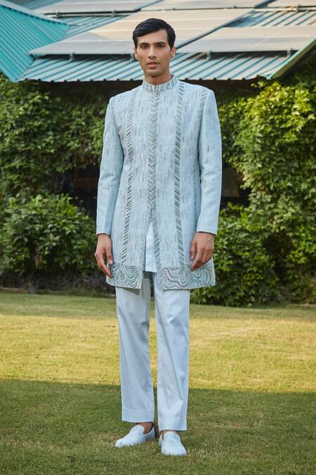 Shop Bohame Blue Silk, Cotton Satin, Muslin Beads, Sequins, Geometric Sherwani Set at Aza Fashions Shop_Bohame_Blue Silk, Cotton Satin, Muslin Beads, Sequins, Geometric Sherwani Set_at_Aza_Fashions