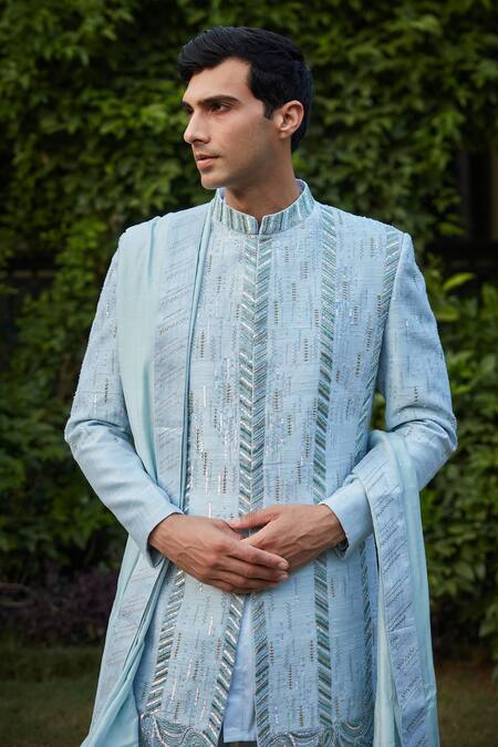 Bohame Blue Silk, Cotton Satin, Muslin Beads, Sequins, Geometric Sherwani Set Online at Aza Fashions Bohame_Blue Silk, Cotton Satin, Muslin Beads, Sequins, Geometric Sherwani Set_Online_at_Aza_Fashions