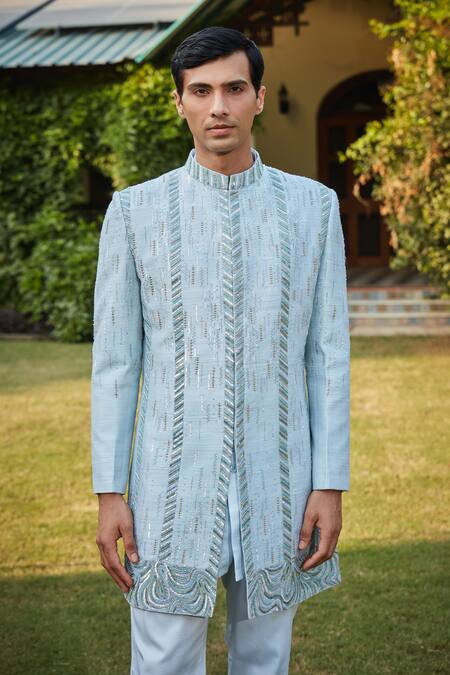 Buy Bohame Blue Silk, Cotton Satin, Muslin Beads, Sequins, Geometric Sherwani Set Online at Aza Fashions Buy_Bohame_Blue Silk, Cotton Satin, Muslin Beads, Sequins, Geometric Sherwani Set_Online_at_Aza_Fashions