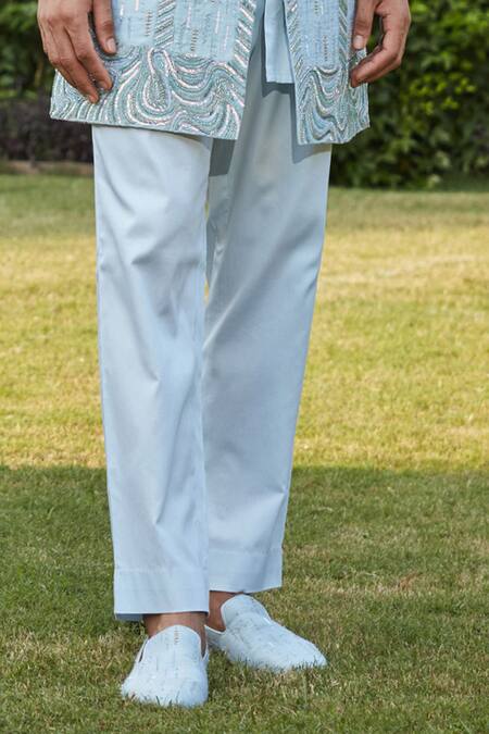 Shop Bohame Blue Silk, Cotton Satin, Muslin Beads, Sequins, Geometric Sherwani Set Online at Aza Fashions Shop_Bohame_Blue Silk, Cotton Satin, Muslin Beads, Sequins, Geometric Sherwani Set_Online_at_Aza_Fashions