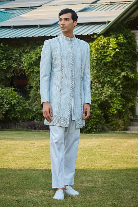 Bohame Blue Silk, Cotton Satin, Muslin Beads, Sequins, Geometric Sherwani Set at Aza Fashions Bohame_Blue Silk, Cotton Satin, Muslin Beads, Sequins, Geometric Sherwani Set_at_Aza_Fashions