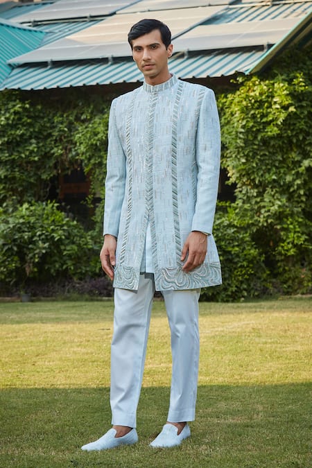 Buy Bohame Blue Silk, Cotton Satin, Muslin Beads, Sequins, Geometric Sherwani Set Buy_Bohame_Blue Silk, Cotton Satin, Muslin Beads, Sequins, Geometric Sherwani Set