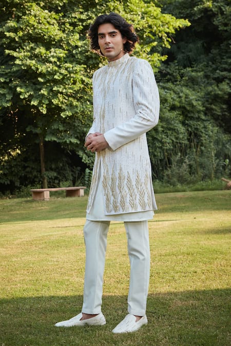 Buy Bohame Off White Silk, Georgette, Tussar Sequins, Beads, Embroidery Wave Sherwani Set Online at Aza Fashions Buy_Bohame_Off White Silk, Georgette, Tussar Sequins, Beads, Embroidery Wave Sherwani Set_Online_at_Aza_Fashions