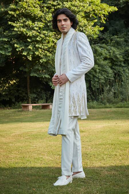 Buy Bohame Off White Silk, Georgette, Tussar Sequins, Beads, Embroidery Wave Sherwani Set Buy_Bohame_Off White Silk, Georgette, Tussar Sequins, Beads, Embroidery Wave Sherwani Set