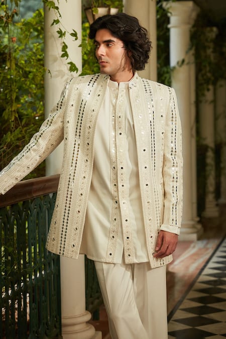 Buy Bohame White Georgette, Cotton, Suede Sequins, Thread Embroidered Jacket Kurta Set Online at Aza Fashions Buy_Bohame_White Georgette, Cotton, Suede Sequins, Thread Embroidered Jacket Kurta Set _Online_at_Aza_Fashions