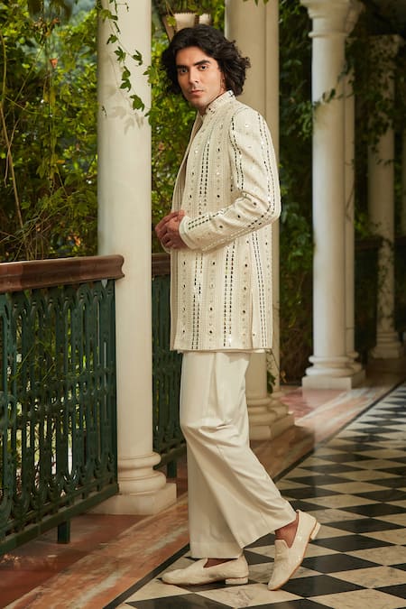 Buy Bohame White Georgette, Cotton, Suede Sequins, Thread Embroidered Jacket Kurta Set Buy_Bohame_White Georgette, Cotton, Suede Sequins, Thread Embroidered Jacket Kurta Set