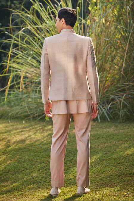 Shop Bohame Pink Silk, , Satin Champagne Wave Embroidered Bandhgala Set at Aza Fashions Shop_Bohame_Pink Silk, , Satin Champagne Wave Embroidered Bandhgala Set_at_Aza_Fashions