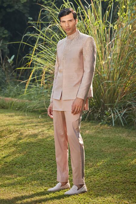 Bohame Pink Silk, , Satin Champagne Wave Embroidered Bandhgala Set Online at Aza Fashions Bohame_Pink Silk, , Satin Champagne Wave Embroidered Bandhgala Set_Online_at_Aza_Fashions