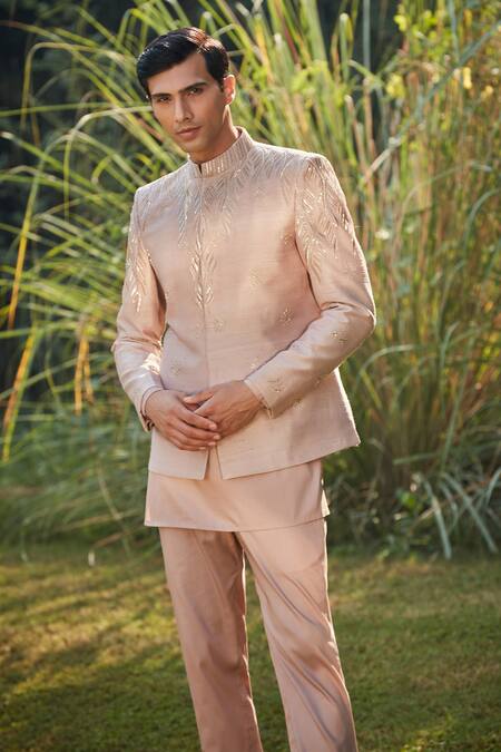 Buy Bohame Pink Silk, , Satin Champagne Wave Embroidered Bandhgala Set Online at Aza Fashions Buy_Bohame_Pink Silk, , Satin Champagne Wave Embroidered Bandhgala Set_Online_at_Aza_Fashions