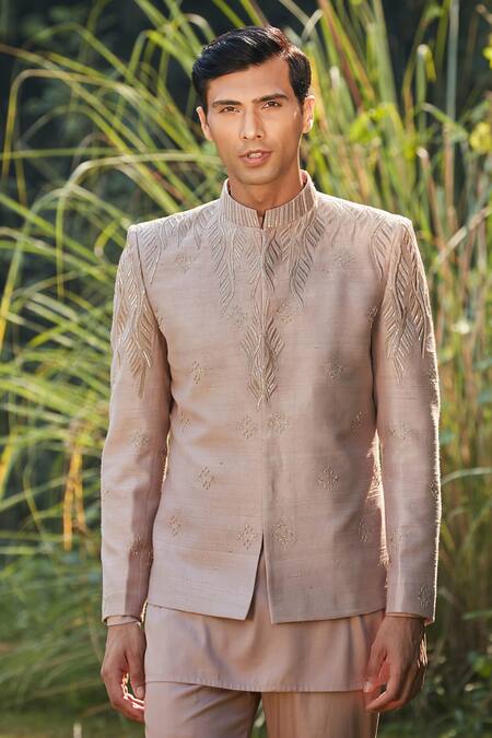 Shop Bohame Pink Silk, , Satin Champagne Wave Embroidered Bandhgala Set Online at Aza Fashions Shop_Bohame_Pink Silk, , Satin Champagne Wave Embroidered Bandhgala Set_Online_at_Aza_Fashions