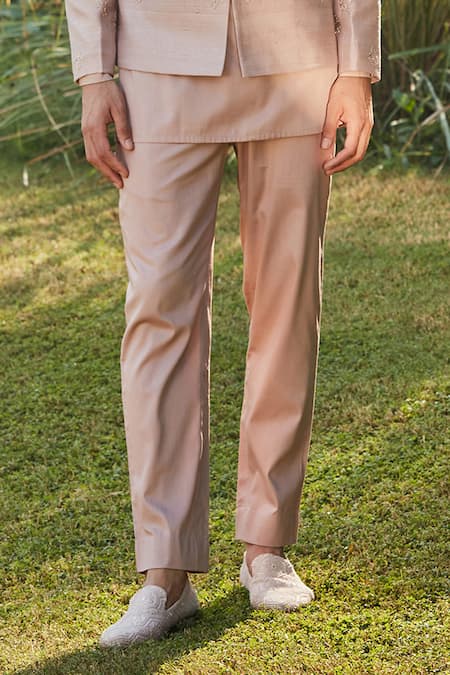 Bohame Pink Silk, , Satin Champagne Wave Embroidered Bandhgala Set at Aza Fashions Bohame_Pink Silk, , Satin Champagne Wave Embroidered Bandhgala Set_at_Aza_Fashions