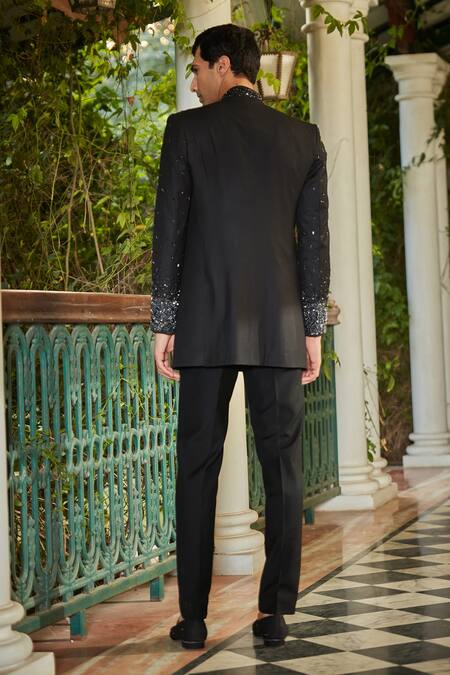 Shop Bohame Black Cotton Satin Sequins, Beads Scatter Embellished Sherwani Set at Aza Fashions Shop_Bohame_Black Cotton Satin Sequins, Beads Scatter Embellished Sherwani Set_at_Aza_Fashions