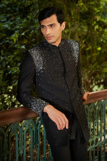 Bohame Black Cotton Satin Sequins, Beads Scatter Embellished Sherwani Set Online at Aza Fashions Bohame_Black Cotton Satin Sequins, Beads Scatter Embellished Sherwani Set_Online_at_Aza_Fashions