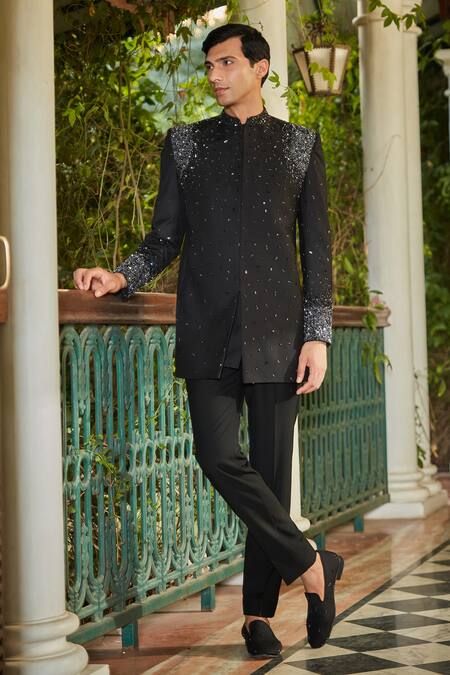 Buy Bohame Black Cotton Satin Sequins, Beads Scatter Embellished Sherwani Set Online at Aza Fashions Buy_Bohame_Black Cotton Satin Sequins, Beads Scatter Embellished Sherwani Set_Online_at_Aza_Fashions