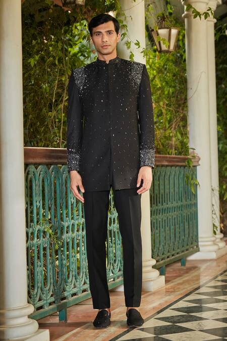 Bohame Black Cotton Satin Sequins, Beads Scatter Embellished Sherwani Set at Aza Fashions Bohame_Black Cotton Satin Sequins, Beads Scatter Embellished Sherwani Set_at_Aza_Fashions