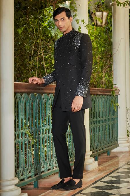 Buy Bohame Black Cotton Satin Sequins, Beads Scatter Embellished Sherwani Set Buy_Bohame_Black Cotton Satin Sequins, Beads Scatter Embellished Sherwani Set