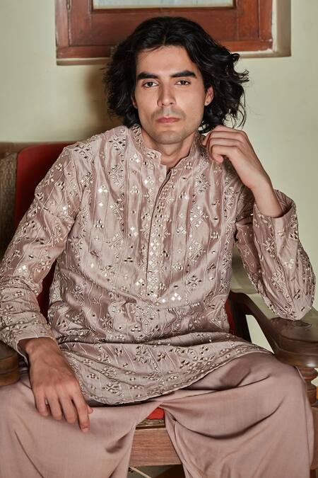 Shop Bohame Pink Chanderi, Rayon Mirrors, Sequins Embroidered Kurta With Salwar Online at Aza Fashions Shop_Bohame_Pink Chanderi, Rayon Mirrors, Sequins Embroidered Kurta With Salwar_Online_at_Aza_Fashions