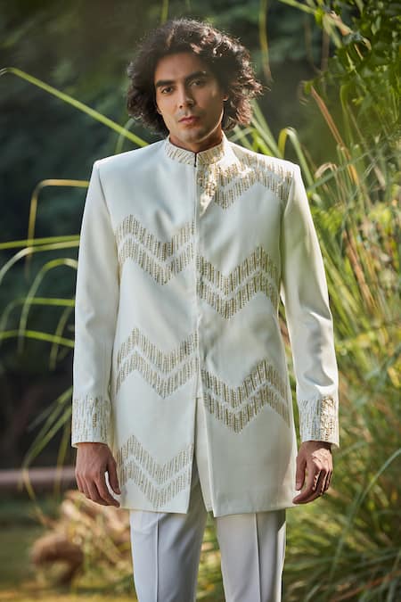 Buy_Bohame_Off White Silk Sequins, Beads Chevron Bandhgala Set_Online_at_Aza_Fashions