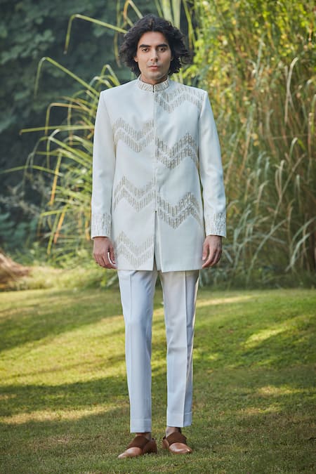 Shop_Bohame_Off White Silk Sequins, Beads Chevron Bandhgala Set_Online_at_Aza_Fashions