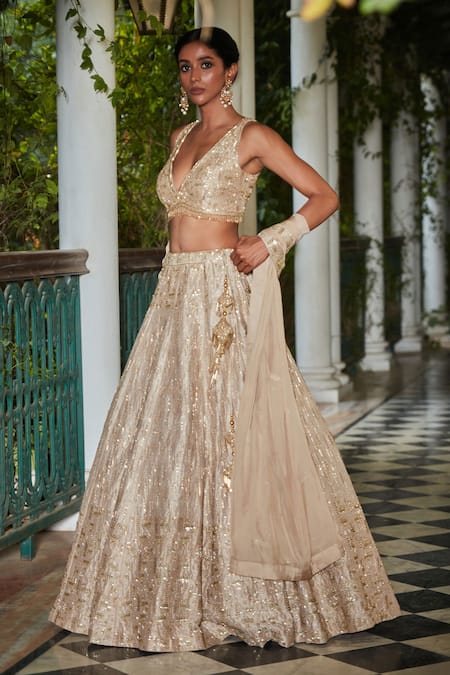 Bohame Beige Silk Cut Work, Crystals Plunge Neck Cutdana Embroidered Lehenga Set Online at Aza Fashions Bohame_Beige Silk Cut Work, Crystals Plunge Neck Cutdana Embroidered Lehenga Set _Online_at_Aza_Fashions