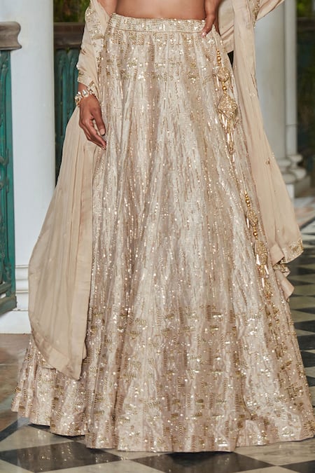 Shop Bohame Beige Silk Cut Work, Crystals Plunge Neck Cutdana Embroidered Lehenga Set Online at Aza Fashions Shop_Bohame_Beige Silk Cut Work, Crystals Plunge Neck Cutdana Embroidered Lehenga Set _Online_at_Aza_Fashions