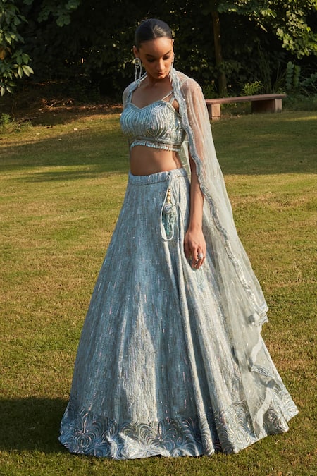 Buy Bohame Blue Silk, Chiffon Crystals, Cut Work Mint Cutdana Embroidered Lehenga Set Online at Aza Fashions Buy_Bohame_Blue Silk, Chiffon Crystals, Cut Work Mint Cutdana Embroidered Lehenga Set _Online_at_Aza_Fashions